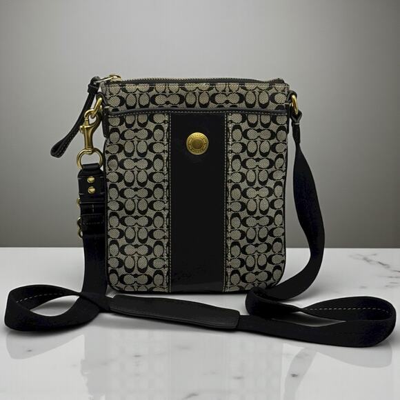 COACH 41069 Sutton Signature Stripe Swing Pack Black Grey Crossbody Purse Bag - Picture 1 of 12